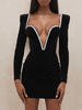 Robes de Clubs Moulantes Femmes Epaulées avec Col Décolleté en V avec Manches Longues Coupe Cintrée Imprimé les Rayures Bicolores Sexy