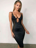 Robes de Clubs Moulantes Femmes Mi-longues avec Bretelles en Satins à Col Décolleté en V Cousu en Dentelles avec Dos Nu Coupe Cintrée Unicolore Sexy