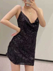 Robes de Clubs Paillettes Femmes Courtes avec Bretelles en Métal avec Dos Nu à Lacets Croisés à Col Décolleté en V Bicolores Robes Sexy