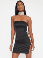 Robes de Clubs Sexy en Satin Courtes Coupe Cintrée avec Epaules Dénudées Fente Latérale à Lacets en Paillettes Robes Moulantes Sexy Unicolore