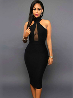 Robes de Clubs Sexy Moulantes Femmes Mi-longues à Col Rond sans Manches avec Epaulés Dénudées Coupe Cintrée Transparents Sur Devant Unicolore Etés