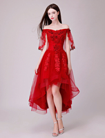 Robes de cocktail appliques de dentelle sur lépaule robe de soirée asymétrique bordeaux