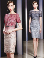 Robes de cocktail en dentelle Ombre serré mère de la robe de mariée manches courtes longueur au genou Robe de mariée invité
