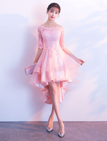Robes de cocktail haute bas rose dentelle manches moitié robes de soirée