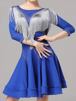 Robes De Danse Latine Femmes Bleu Royal Robe De Danse Latine À Franges Manches Mi-Longues Élégantes