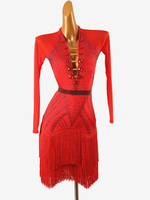Robes De Danse Latine Rouge Robe Élégante En Lycra Spandex Femmes Manches Longues