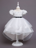 Robes de demoiselle dhonneur blanches à col bijou en mélange de coton à manches courtes avec train princesse silhouette robes de soirée pour enfants
