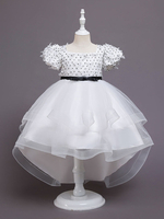 Robes de demoiselle dhonneur blanches à col bijou en mélange de coton à manches courtes avec train princesse silhouette robes de soirée pour enfants