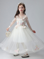 Robes de demoiselle dhonneur blanches col bijou manches longues robe de princesse longueur cheville fleurs en tulle perles brodées formelles enfants