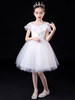 Robes de demoiselle dhonneur blanches Illusion décolleté manches courtes Tulle robe de princesse fleurs embellissement de perles robes de soirée pour enfants
