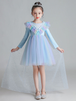 Robes de demoiselle dhonneur Bleu clair Décolleté conçu Polyester Sans manches Longueur genou A-ligne Polyester Coton Tulle Paillettes Enfants Robes de fête sociale