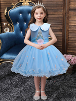 Robes de demoiselle dhonneur bleu col bijou nœuds sans manches tulle polyester coton fleurs enfants robes de soirée sociale