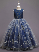 Robes de demoiselle dhonneur Bleu marine Col bijou Polyester Dentelle Polyester Tulle Sans manches Longueur cheville A-ligne Brodé Robes de soirée pour enfants