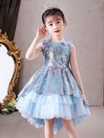 Robes de demoiselle dhonneur bleues col bijou sans manches arcs enfants robes de soirée sociale robe de princesse