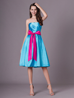 Robes de demoiselle dhonneur bleues courte sans bretelles en satin ruban ceinture longueur genou robe de bal