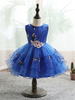 Robes de demoiselle dhonneur bleues Jewel Neck Sans manches Tulle Polyester Coton Longueur au genou Fleurs Robes de soirée pour enfants