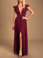 Robes de demoiselle dhonneur bordeaux en mousseline de soie col en V manches courtes une ligne en mousseline de soie robes de soirée longueur au sol