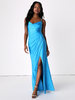 Robes de demoiselle dhonneur bretelles spaghetti dos nu fente haute robe longue pour fête de mariage