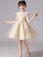 Robes de demoiselle dhonneur Champagne conçu décolleté manches courtes nœuds longueur genou robes de soirée pour enfants