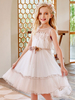 Robes de demoiselle dhonneur Champagne Jewel Neck Sans manches Polyester Dentelle Tulle Fleurs Enfants Social Party Robes