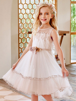 Robes de demoiselle dhonneur Champagne Jewel Neck Sans manches Polyester Dentelle Tulle Fleurs Enfants Social Party Robes