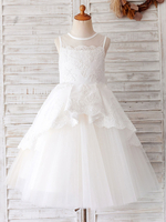 Robes de demoiselle dhonneur col bijou sans manches longueur genou arcs robes de soirée pour enfants