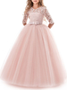 Robes de demoiselle dhonneur col bijou Tulle demi-manches longueur de plancher une ligne rose enfants robes de soirée sociale