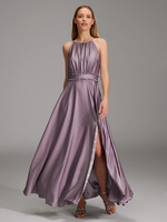 Robes de demoiselle dhonneur en soie élastique comme du satin robe de bal trapèze longueur au sol