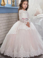 Robes de demoiselle dhonneur Jewel Neck Tulle Manches longues Longueur au sol Princesse Silhouette Arcs Formelle Enfants Pageant Robes
