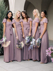 Robes de demoiselle dhonneur marron camée A-ligne col carré manches courtes longueur de plancher Zipper Polyester robe de soirée de mariage