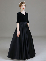 Robes de demoiselle dhonneur noires Col en V Demi-manches Fermeture à glissière Polyester A-ligne Longueur au sol Robes de soirée pour enfants
