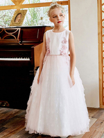 Robes de demoiselle dhonneur rose clair col bijou dentelle sans manches longueur cheville A-ligne ceinture enfants robes de soirée sociale
