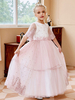 Robes de demoiselle dhonneur rose clair col bijou manches courtes ceinture dentelle tulle formelle enfants robes de reconstitution historique