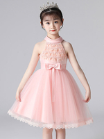 Robes de demoiselle dhonneur rose dos nu en dentelle sans manches robe de princesse courte arcs formels enfants robes de reconstitution historique