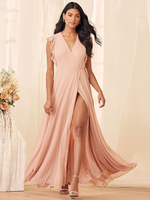 Robes de demoiselle dhonneur rose en mousseline de soie col en V sans manches une ligne robe de soirée de mariage longueur au sol