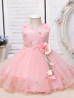 Robes de demoiselle dhonneur Rose Jewel Neck Sans manches Polyester Coton Tulle Fleurs Robes de soirée pour enfants