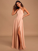 Robes de demoiselle dhonneur rose licou fendu sans manches dos nu polyester une ligne étage longueur robe de soirée de mariage