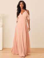 Robes de demoiselle dhonneur rose sans manches col en V ceinture fendue en mousseline de soie une ligne longueur de plancher robes formelles