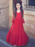 Robes de demoiselle dhonneur rouge Col en V Polyester Manches longues Longueur cheville A-ligne Dentelle Formelle Robes de reconstitution historique pour enfants