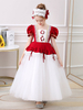 Robes de demoiselle dhonneur rouges Col carré Manches courtes Longueur cheville Princesse Tulle Fleurs Robes de soirée pour enfants