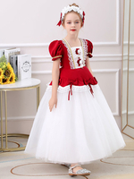 Robes de demoiselle dhonneur rouges Jewel Neck Polyester Manches courtes Longueur au genou A-Line Brodée Formelle Robes de reconstitution historique pour enfants