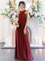 Robes de demoiselle dhonneur une ligne licou col sans manches longueur au sol fil unique tulle bordeaux robe de bal à glissière