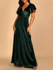 Robes de demoiselle dhonneur vert profond col en V manches courtes fermeture éclair polyester A-ligne robe de bal au sol