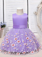 Robes de demoiselle dhonneur Violet Jewel Neck Polyester Polyester Coton Tulle Sans manches Longueur genou A-ligne Brodé Robes de soirée pour enfants