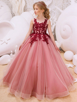 Robes De Fille De Fleur 2021 Appliques Rouges Princesse Tulle Sans Manches Enfants Robe De Soirée Pageant