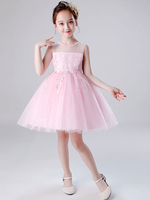 Robes de fille de fleur col rond en dentelle Sans manches Longueur au genou Robe de Princesse Silhouette Brodé