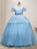 Robes de fille de fleur col rond manches en dentelle courtes longueur au sol jupe en tulle Robe de princesse