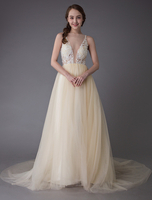 Robes De Mariée 2021 Champagne Robe De Mariée Couleur Tulle Illusion Une Ligne Robes De Bal