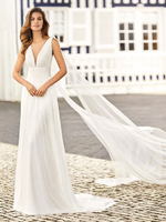 Robes de Mariée avec Traîne Robe Trapèze Robe Longue Sans Manches Plissées Col en V Robes de Mariage