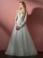 Robes De Mariée Blanches Col V Manches Longues Dos Nu Avec Train Dentelle Tulle Robes De Mariée